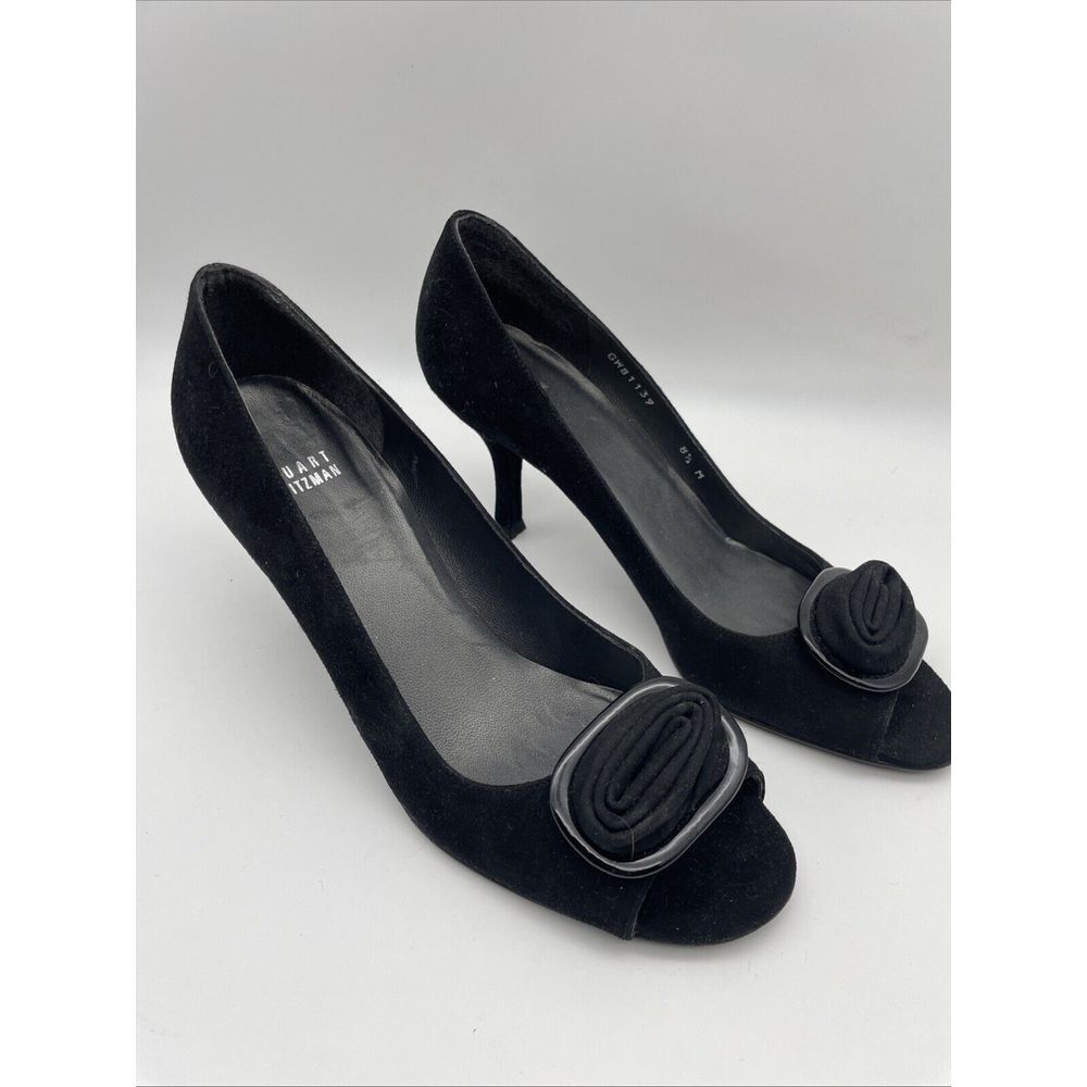 Stuart Weitzman Black Suede Peep‎ Toe Rosette Pumps Size 8.5 M
